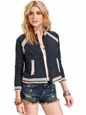 Free People Washed Black Crochet Trim Bomber Jacket Size M Lightweight Zip Up